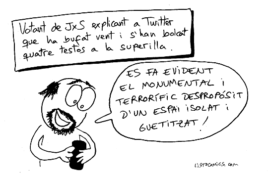 Vinyeta d'humor gràfic sobre un votant de JxS tuitejant que ha bufat vent i s'han bolcat quatre testos a la superilla.