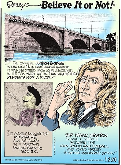 The original London Bridge is now located in Lake Havasu, Arizona. It was relocated from London, England, in the ‘60s, when the US town had neither residents nor a river! -------------------- Sir Isaac Newton stuck a needle between his own eyelid and eyeball and poked around to better understand optics! -------------------- The oldest documented mustache can be found in a portrait dating back to 300 b.c.