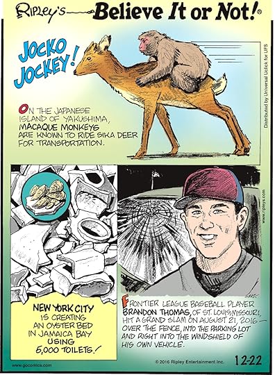 On the Japanese island of Yakushima, macaque monkeys are known to ride sika deer for transportation. -------------------- New York City is creating an oyster bed in Jamaica Bay using 5,000 toilets! -------------------- Frontier League baseball player Brandon Thomas, of St. Louis, Missouri, hit a grand slam on August 21, 2016—over the fence, into the parking lot, and right into the windshield of his own vehicle.