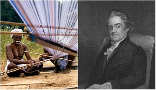 Observe a weaver and a loom on the left. On the right is our hero, Noah Webster. His family name means