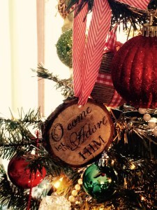 O Come Let Us Adore Him Christmas ornament on tree