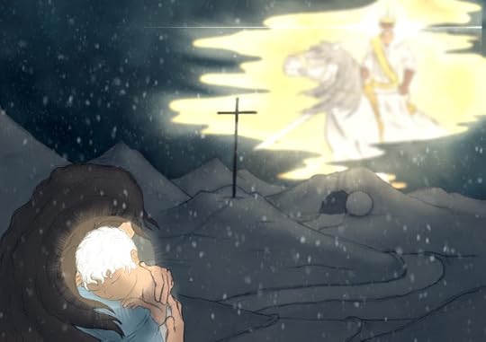 Mary holding Immanuel, background image of cross, empty tomb, and Jesus on a white horse
