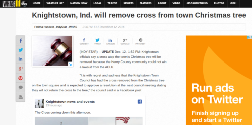 Knightstown Ind. will remove cross from town Christmas tree WHAS11.com