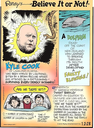 Kyle Cook of Lakeland, Florida, has been struck by lightning, bitten by a brown recluse spider, and attacked by a rattlesnake—surviving every deadly scenario! -------------------- A dolphin found off the coast of New Zealand has learned to breathe through its mouth after developing a faulty blowhole! -------------------- University of Warwick professor Dwight Barkley created an equation to calculate how long into a car trip a child will ask “are we there yet?” It’s one plus the number of distractions divided by the number of children in the car squared, all added to the time it took the family to hit the road.