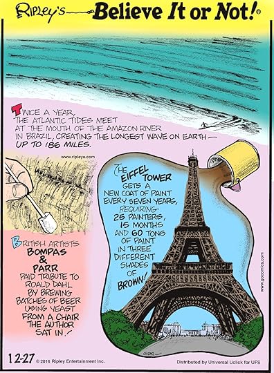 Twice a year, the Atlantic tides meet at the mouth of the Amazon River in Brazil, creating the longest wave on Earth—up to 186 miles. -------------------- British artists Bompas and Parr paid tribute to Roald Dahl by brewing batches of beer using yeast from a chair the author sat in! -------------------- The Eiffel Tower gets a new coat of paint every seven years, requiring 25 painters 15 months and 60 tons of paint in three different shades of brown!