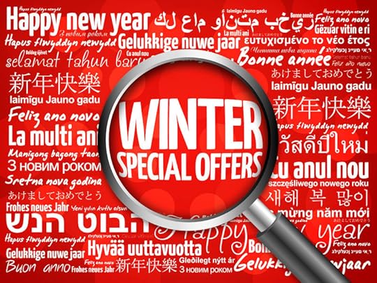 47752735 - winter special offers, happy new year in different languages red background, celebration greeting card with magnifying glass