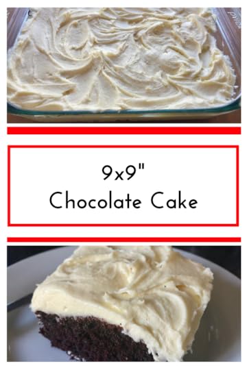 Moist chocolate cake in a 9x9 pan with white chocolate frosting.