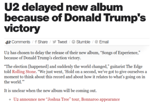 U2 delayed new album because of Donald Trump s victory CBS News