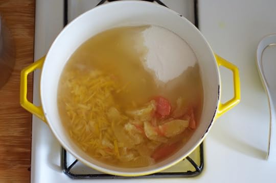 Ingredients in the pot for a batch of meyer lemon grapefruit marmalade