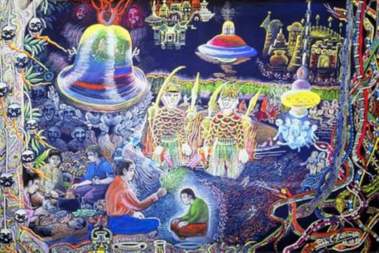 Figure 4. Painting by Pablo Amaringo as a result of an ayahuasca experience showing some similarity with UFO sightings including lighted floating disc and pale weak humanoid figures. https://grahamhancock.com/galleries/supernatural-amaringo/.