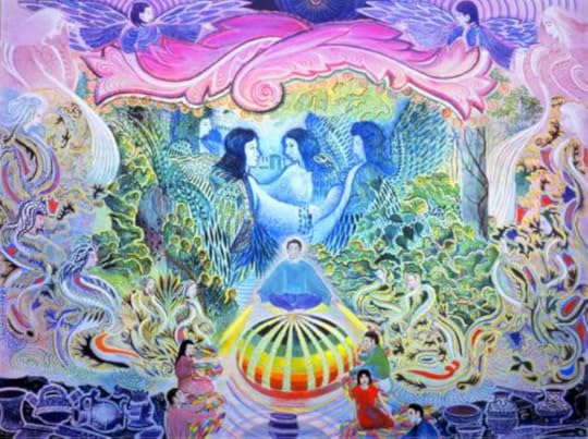 Figure 11. Painting by Pablo Amaringo as a result of an ayahuasca experience showing therianthropes of winged humans at the top of the painting. https://grahamhancock.com/galleries/supernatural-amaringo/.