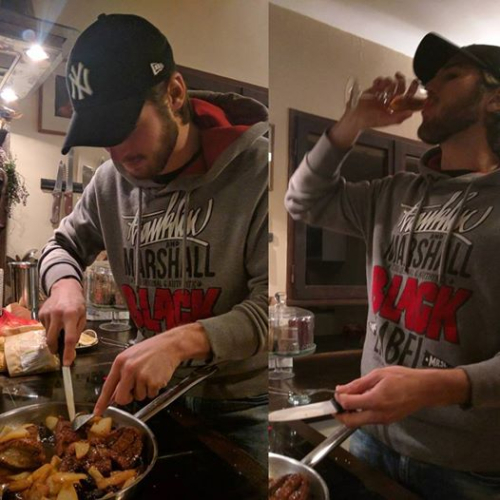 Max drinking rose wine from Mas des Brun and cooking magret de canard with pears honey and figs