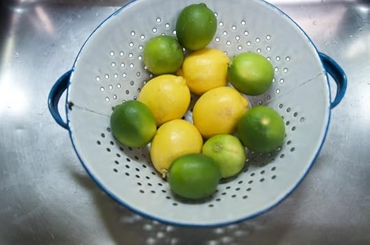 fruit in a colander for lemon lime marmalade