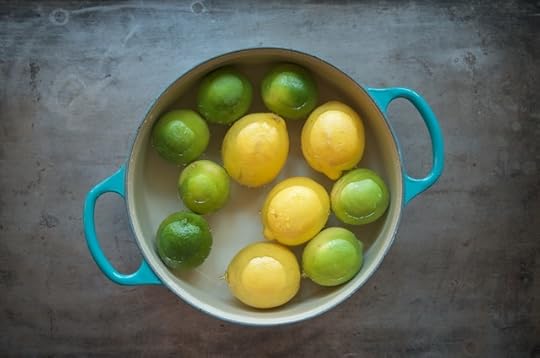 fruit ready to simmer for lemon lime marmalade