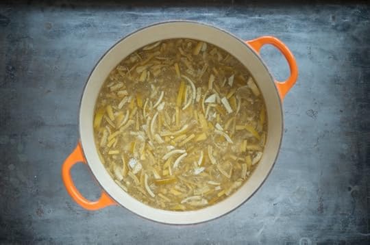 prepped fruit in a five quart pot for lemon lime marmalade