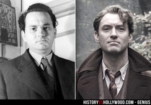 The real Thomas Wolfe (l) and actor Jude Law portraying him. Note that the camera has to look up at the real Wolfe because of his extreme height.