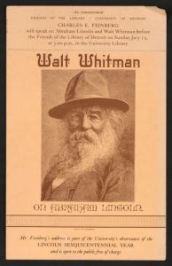 Printed program, Charles E. Feinberg address on “Abraham Lincoln and Walt Whitman,” a Lincoln Sesquicentennial event, July 12, 1959, Friends of the Library, University of Detroit. Manuscript Division.
