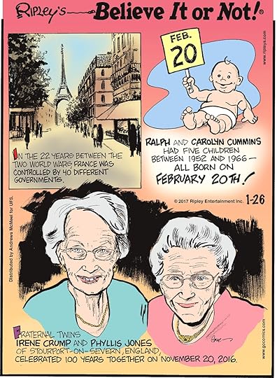 In the 22 years between the two World Wars, France was controlled by 40 different governments.--------------------- Ralph and Carolyn Cummins had five children between 1952 and 1966 - All born on February 20th!--------------------- Fraternal twins Irene Crump and Phyllis Jones of Stourport-on-Severn, England, celebrated 100 years together on November 20, 2016.