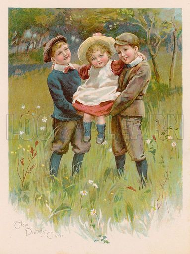 The Dandy Chair, with three children playing in the long grass, with two older boys holding the younger child. Published in Nister's Holiday Annual for 1899, edited and arranged by Alfred J Fuller; published by Ernest Nister, 1899.