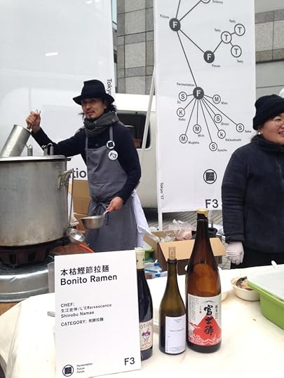 L'Effervescence chef Shinobu Namae serving up crazy yummy bowls of his ramen made with Yusuke Sezaki's katsuobushi from his company Kaneschishi. Yum!