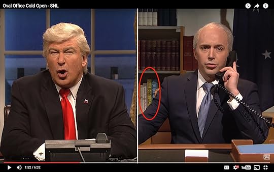Saturday Night Live sketch of Trump vs Turnbull phone call with Lexicon by Max Barry visible on shelves behind the Australian Prime Minister