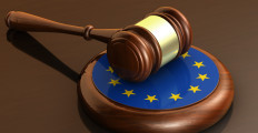 European Union laws, legal system and parliament concept with a 3d render of a gavel on a wooden desktop and the EU flag.