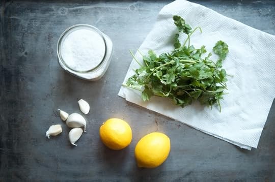 Ingredients for Meyer lemon, garlic, & cilantro salt