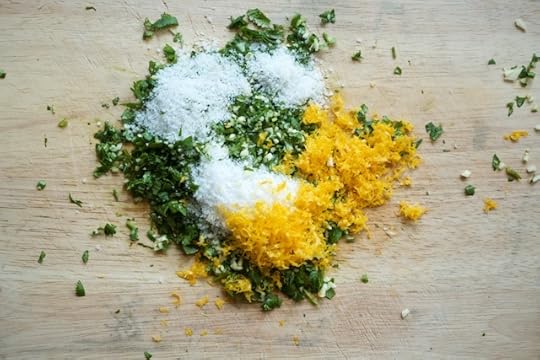 half chopped ingredients for Meyer lemon, garlic, & cilantro salt