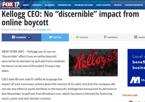 Kellogg CEO No ���discernible��� impact from online boycott Fox17