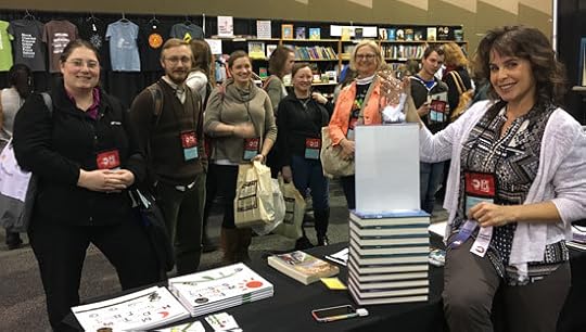 A crowd gathers for Silvia Acevedo's book giveaway