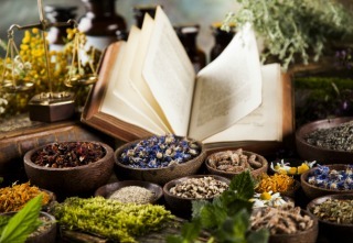 Natural medicine on wooden table background
