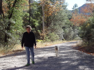 Picture of Susan Nunn walking with her dog