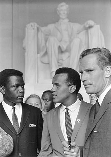 Sidney Poitier, Harry Belafonte, and Charlton Heston at the Lincoln Memorial during the Civil Rights March on Washington in August, 1963. National Archives and Records Administration, Public Domain via Wikimedia Commons.