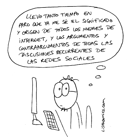 Viñeta de humor gráfico sobre la los horizontes de conocimiento que se encuentran al alcance de los jóvenes españoles en paro.