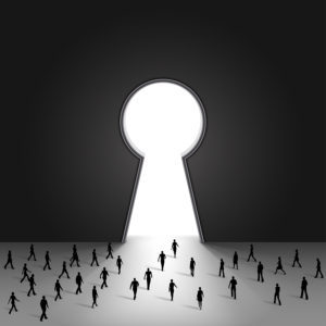  Save Download Preview Group of tiny people walking into a gate shaped like a keyhole