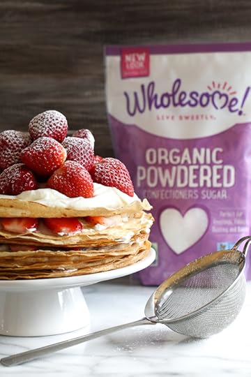 Crepes aren't just for rolling, something special happens with you layer then with cream and top them with strawberries. It creates a beautiful dessert, when you slice into it, you can see all the layers.