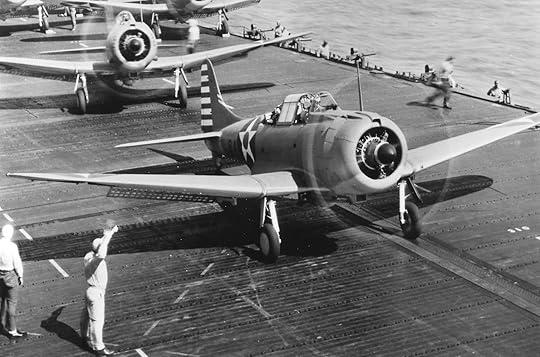 SBD-3 Dauntless dive-bombers prepare for launch from carrier USS Enterprise, early 1942 (US National Archives)