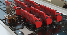 Video player application or home cinema concept. Laptop and rows of cinema seats, 3d illustration