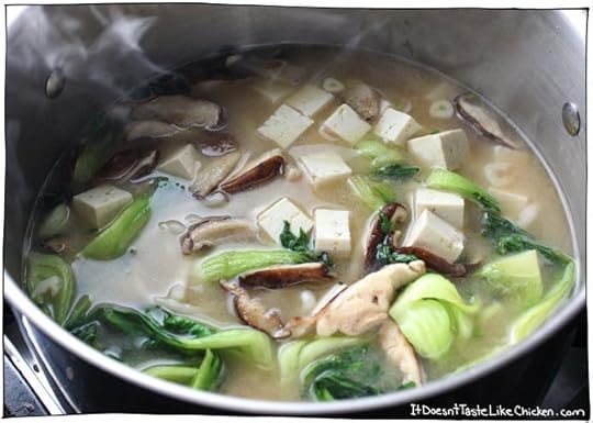 Miso Udon Noodle Soup- I could eat this soup every day! A simple miso broth with bok choy, shiitake mushrooms, soft tofu, and udon noodles. Vegan and vegetarian friendly #itdoesnttastelikechicken