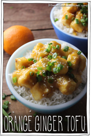 Orange Ginger Tofu. Sweet, sticky, ginger and orangey, kid-friendly. A healthier alternative to Chinese Orange Chicken. Vegan, gluten free, vegetarian.