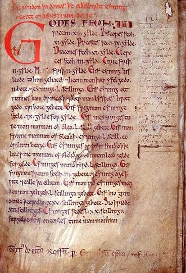 Opening page of the 7th century Law of Æthelberht, by Ernulf bishop of Rochester. Courtesy of Rochester Cathedral Library. Public domain via Wikimedia Commons.