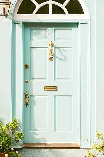 Mint Green Front Door with Gold Hardware - photo by Crin