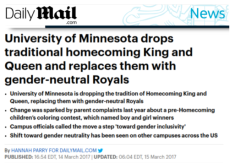 No More Homecoming King and Queen at the University of Minnesota Only Gender Neutral Royals James L. Paris