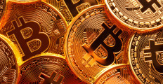 This is a close up photo of several gold plated bitcoins together symbolizing the bit coin market, modern technology, finance, internet, trading, etc.