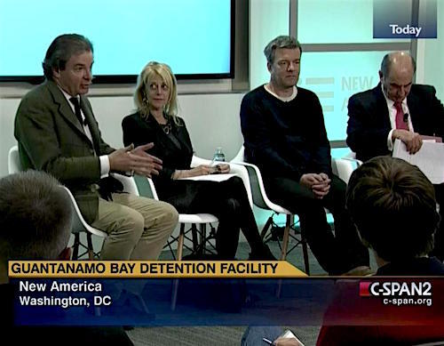 A panel discussion about the future of Guantanamo at New America in Washington, D.C. on January 11, 2016 with, from L to R: Peter Bergen, Karen Greenberg, Andy Worthington and Tom Wilner.