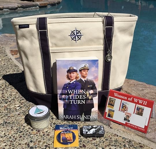 When Tides Turn Release Day giveaway from author Sarah Sundin, March 14-19, 2017. Tote bag, working compass necklace, signed copy of the book, and more!
