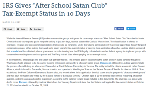 IRS Gives ���After School Satan Club��� Tax Exempt Status in 10 Days Judicial Watch