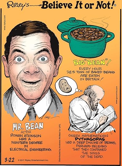 Mr. Bean actor Rowan Atkinson has a Master's Degree in electrical engineering.-------------------- Every hour 38.5 tons of baked beans are eaten in Britain!------------------ Greek mathematician Pythagoras had a deep dislike of beans, perhaps believing that they contained the souls of the dead.