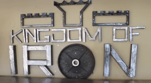 fabricated metal sign for Kingdom Iron garage gym