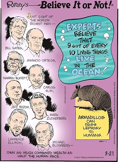 Just eight of the world's richest men - Bill Gates, Amancio Ortega, Warren Buffett, Carlos Slim, Jeff Bezos, Mark Zuckerberg, Lawrence Ellison, Michael Bloomberg - own as much combined wealth as half the human race.-------------------- Experts believe that 9 out of every 10 living things live in the ocean!------------------- Armadillos can pass leprosy to humans.